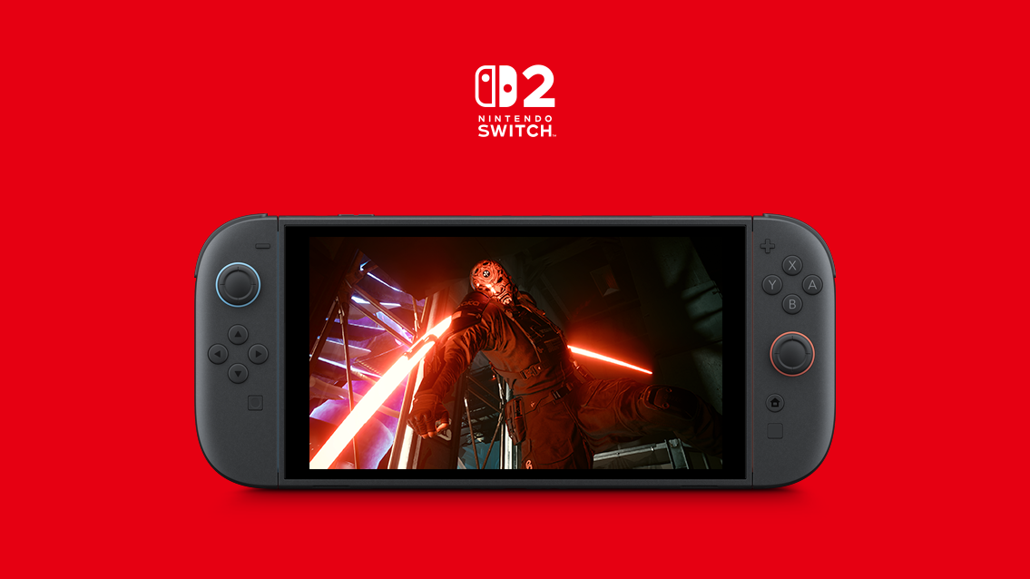 Cyberpunk 2077 running on a Nintendo Switch 2 in handheld mode, neon city backdrop